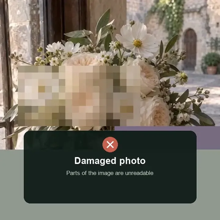 Canon photo repair illustration: a damaged wedding photo, the repair workflow and an intact photo preview.