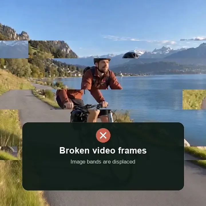 Insta360 video repair illustration: broken image bands, the repair workflow and continuous cycling footage.