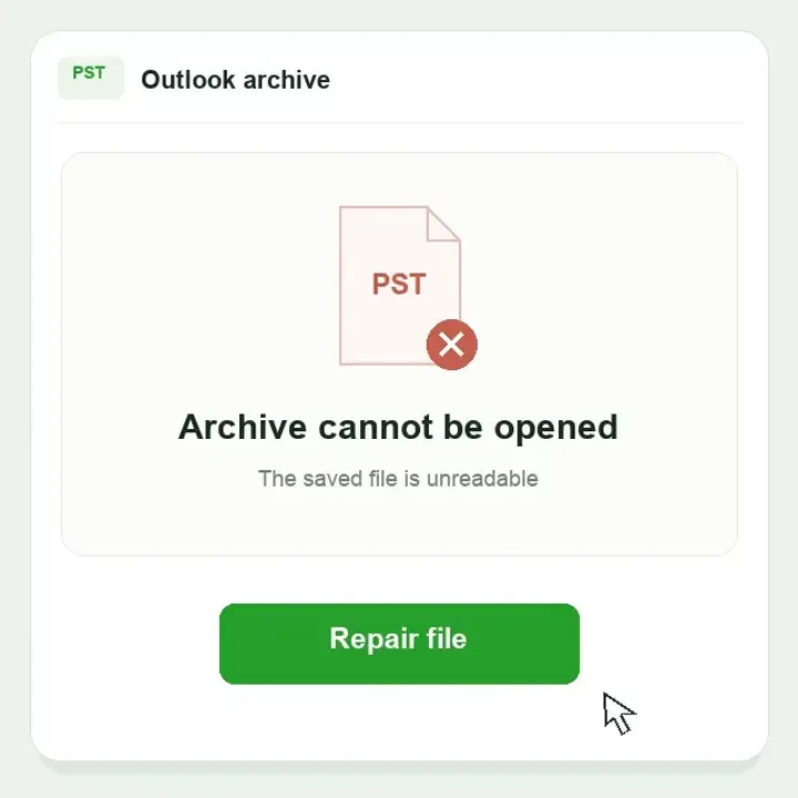Outlook PST repair illustration: an unreadable archive, the repair workflow and the supplied folder preview.