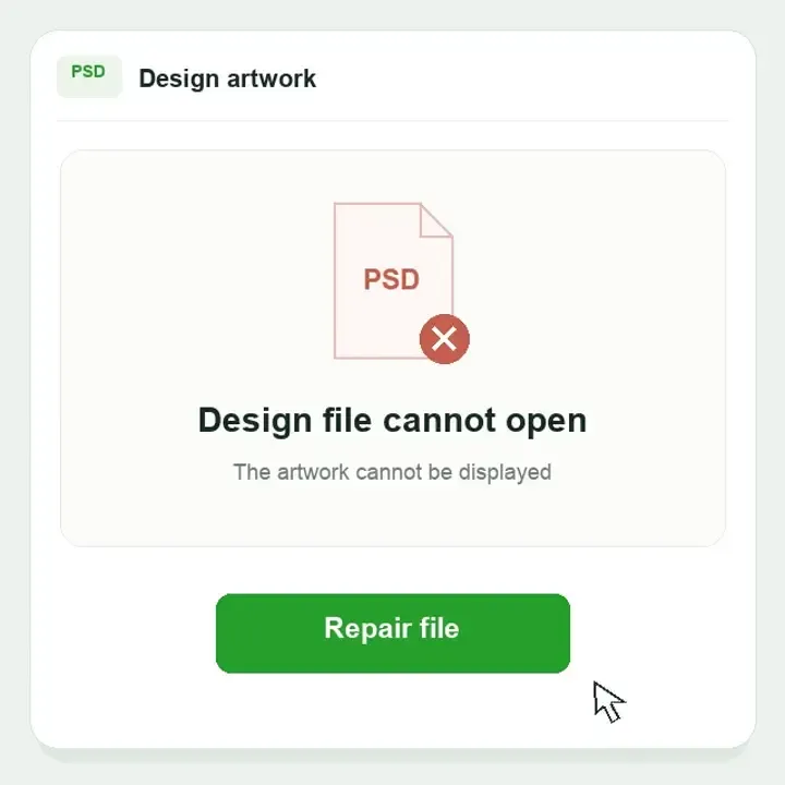 Photoshop file repair illustration: a design file that cannot open, the repair workflow and an intact artwork preview.