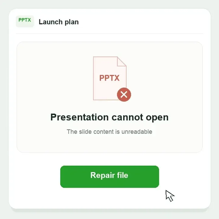 PowerPoint repair illustration: a presentation that cannot open, file checking and repair, then a readable slide preview.