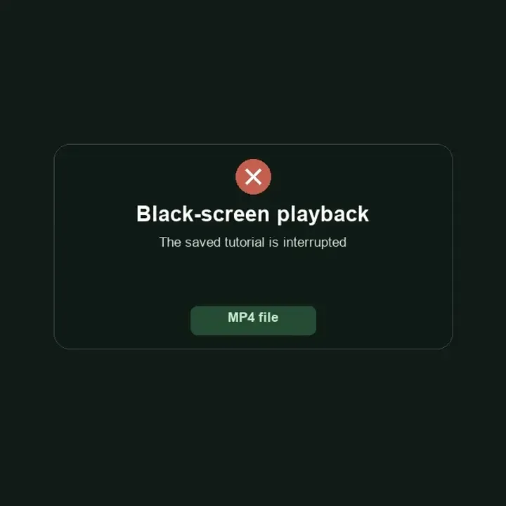 Screen recording repair illustration: black-screen playback, the repair workflow and a continuous tutorial preview.