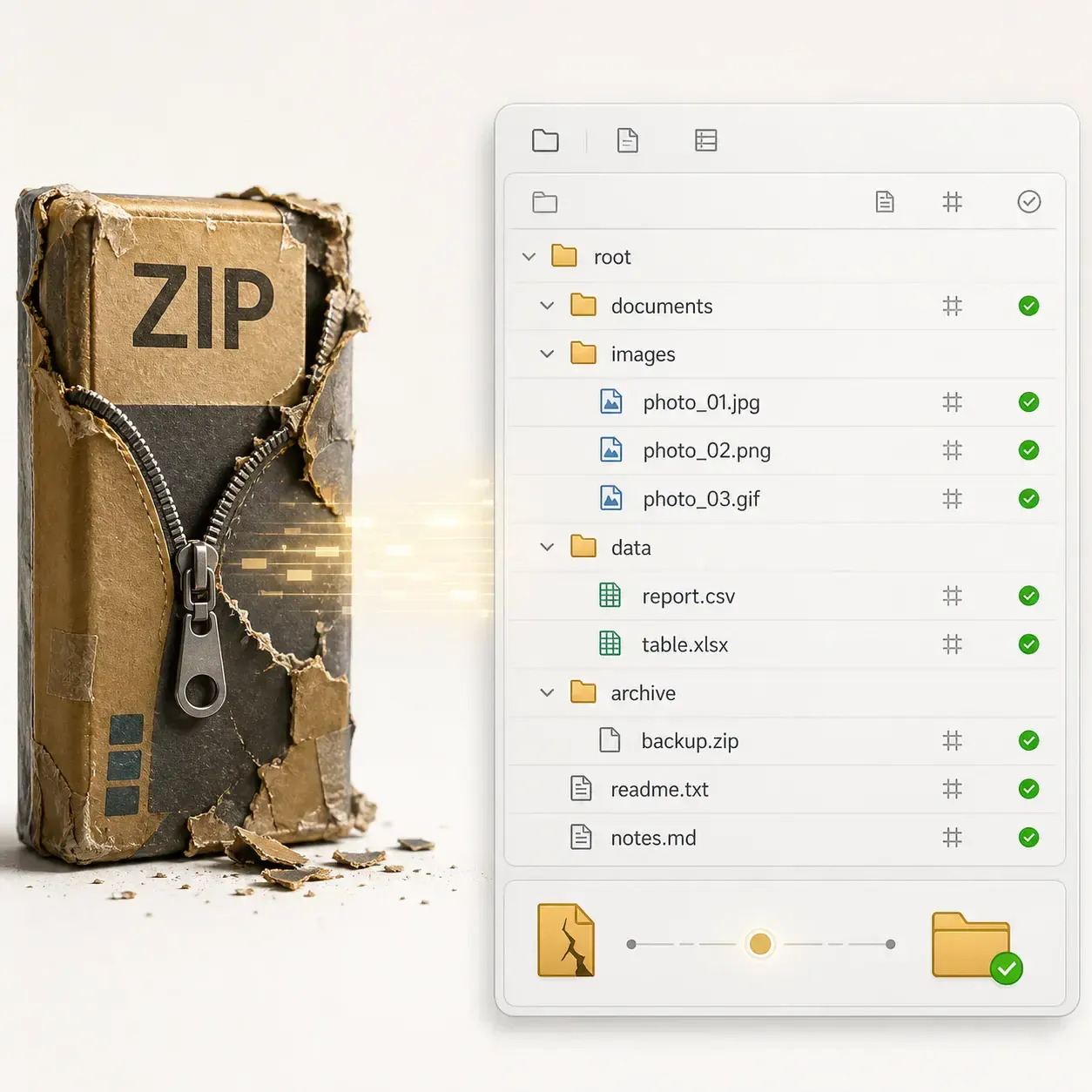 Scopri come Fixo ripara online un archivio ZIP danneggiato e prepara cartelle leggibili e voci di file per l'anteprima.