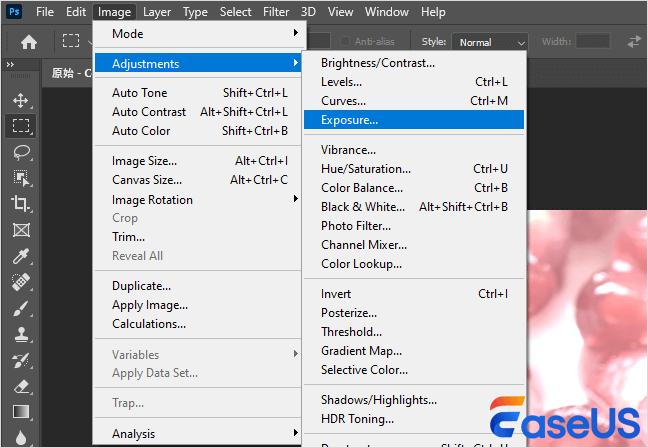 open Exposure tool in Photoshop